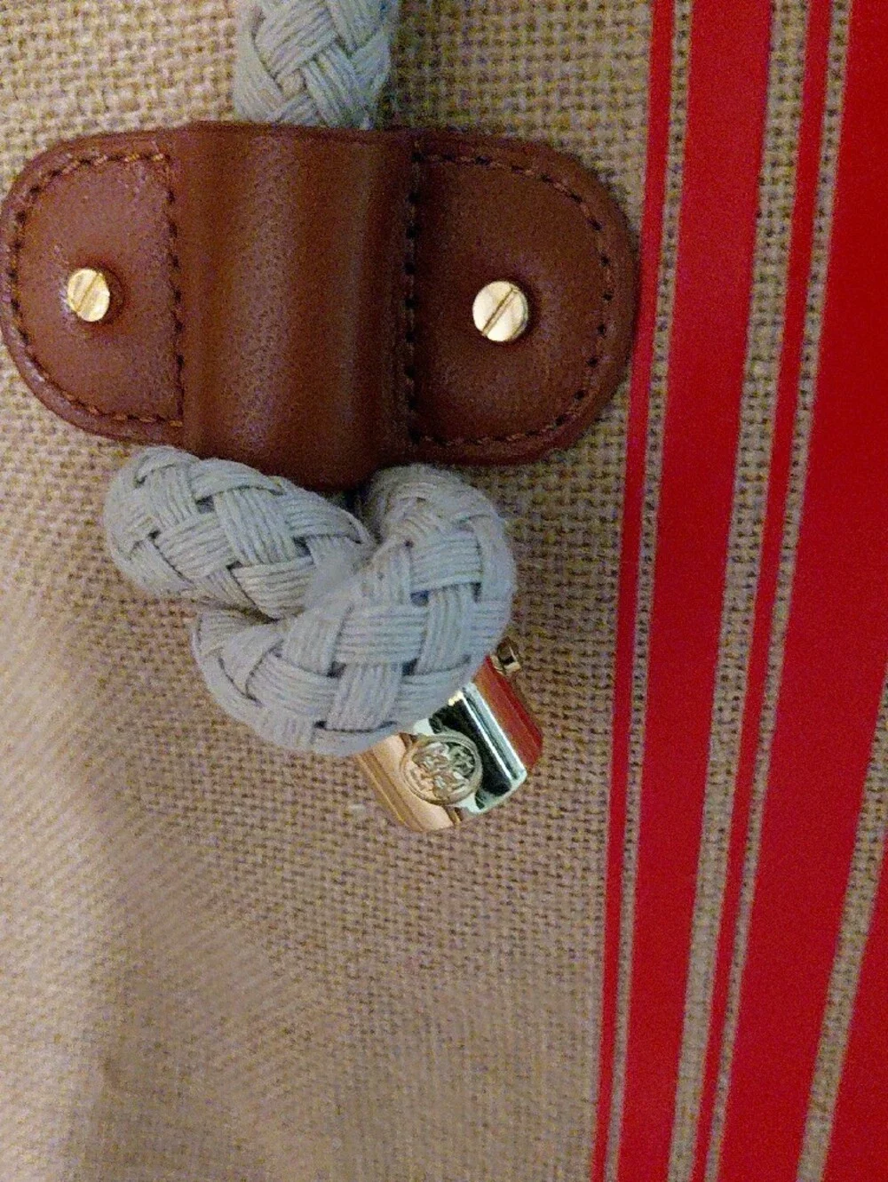 (Rare)Tory Burch Beige Canvas Tote with Red Stripe and Logo